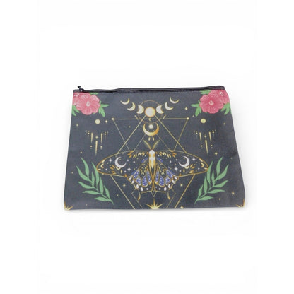The Witches' Quest black fabric cosmetic bag featuring a celestial moth, moon phases, and floral print with gold accents.
