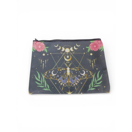 The Witches' Quest black fabric cosmetic bag featuring a celestial moth, moon phases, and floral print with gold accents.