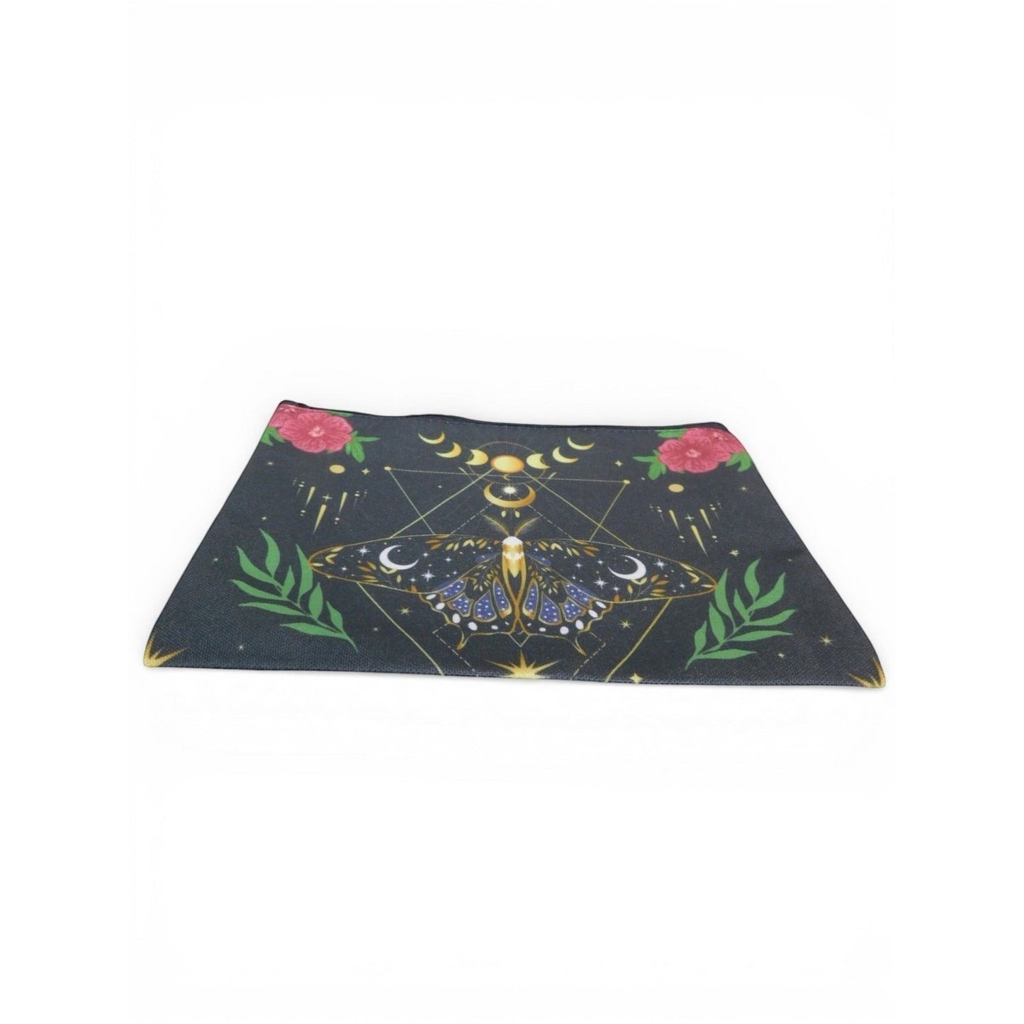 The Witches' Quest black fabric cosmetic bag featuring a celestial moth, moon phases, and floral print.