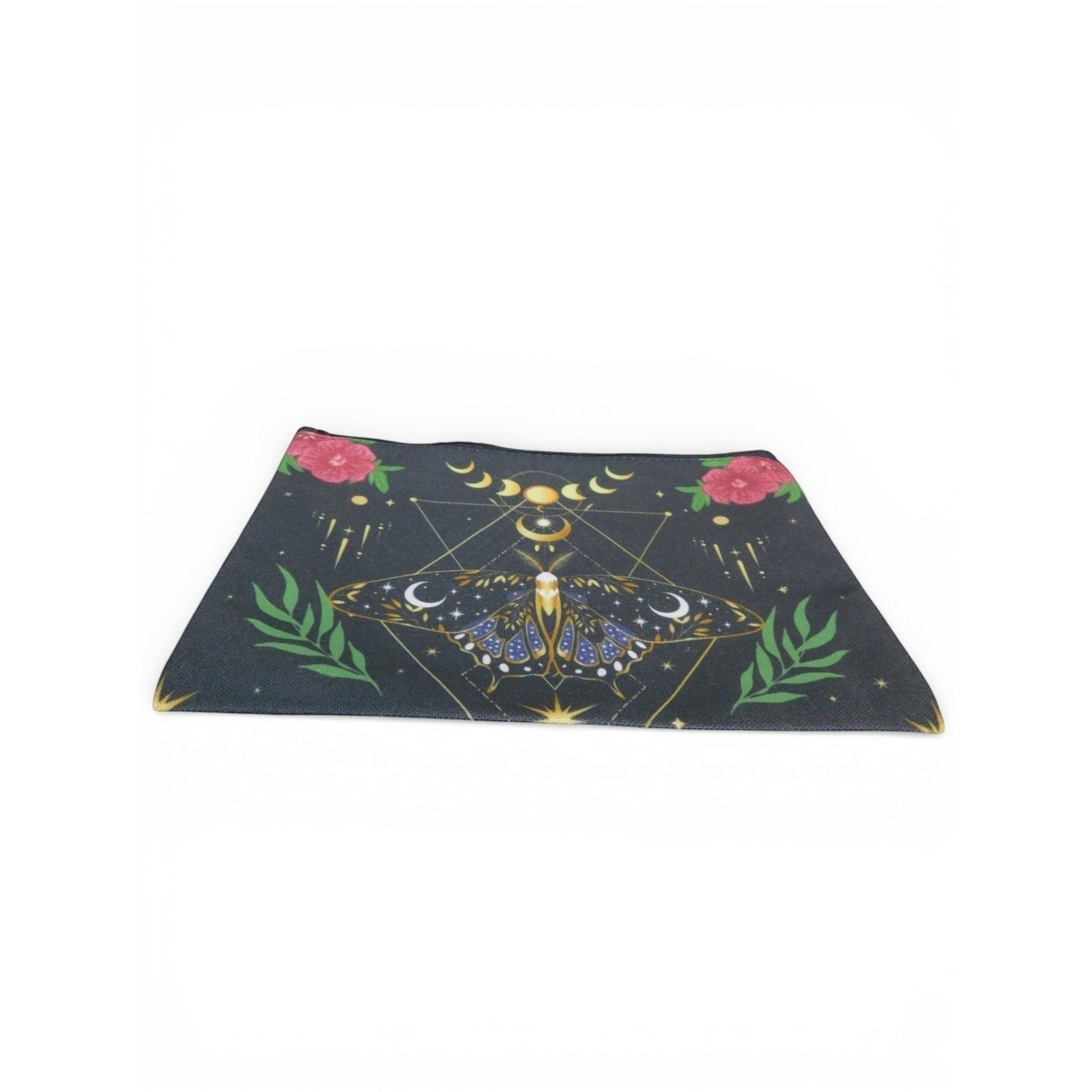 The Witches' Quest black fabric cosmetic bag featuring a celestial moth, moon phases, and floral print.