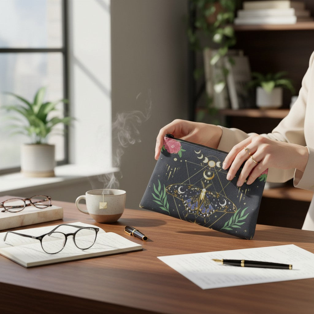 The Witches' Quest black fabric cosmetic bag with celestial moth, moon phases, and floral print on a wooden desk.
