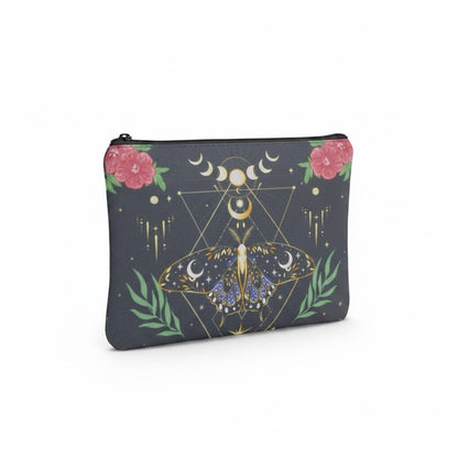 The Witches' Quest black cosmetic bag featuring a celestial moth, moon phases, and floral print with a zipper closure.