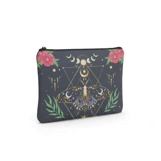 The Witches' Quest black cosmetic bag featuring a celestial moth, moon phases, and floral print with a zipper closure.
