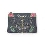 The Witches' Quest black fabric cosmetic bag featuring a celestial moth, moon phases, and floral print with gold lines.
