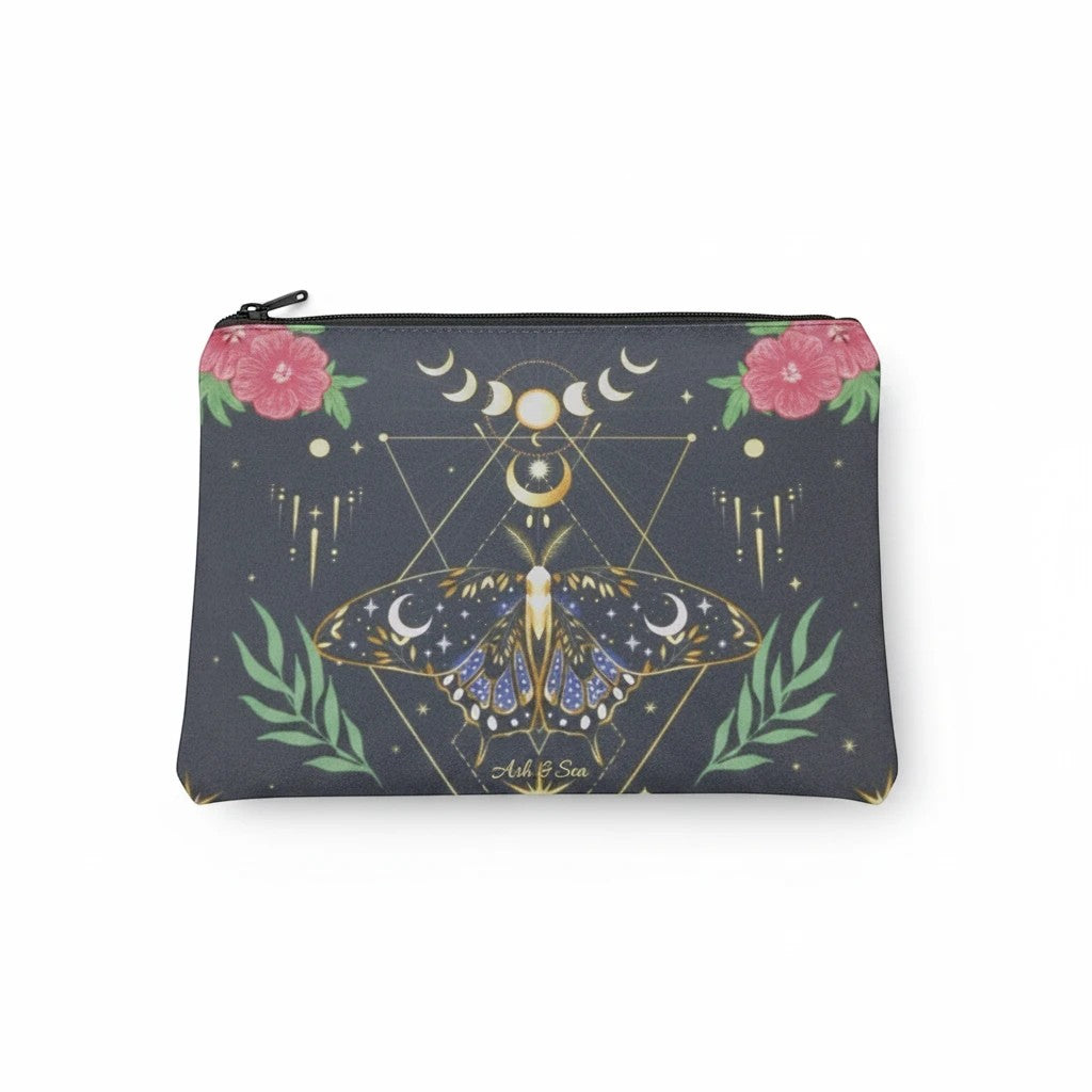 The Witches' Quest black fabric cosmetic bag featuring a celestial moth, moon phases, and floral print with gold lines.
