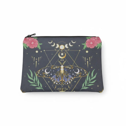 The Witches' Quest black fabric cosmetic bag featuring a celestial moth, moon phases, and floral print with gold lines.