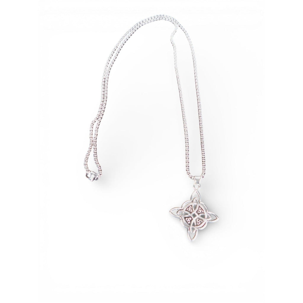 The Witches' Quest silver tone Celtic knot pendant necklace with openwork triquetra design on a delicate box chain