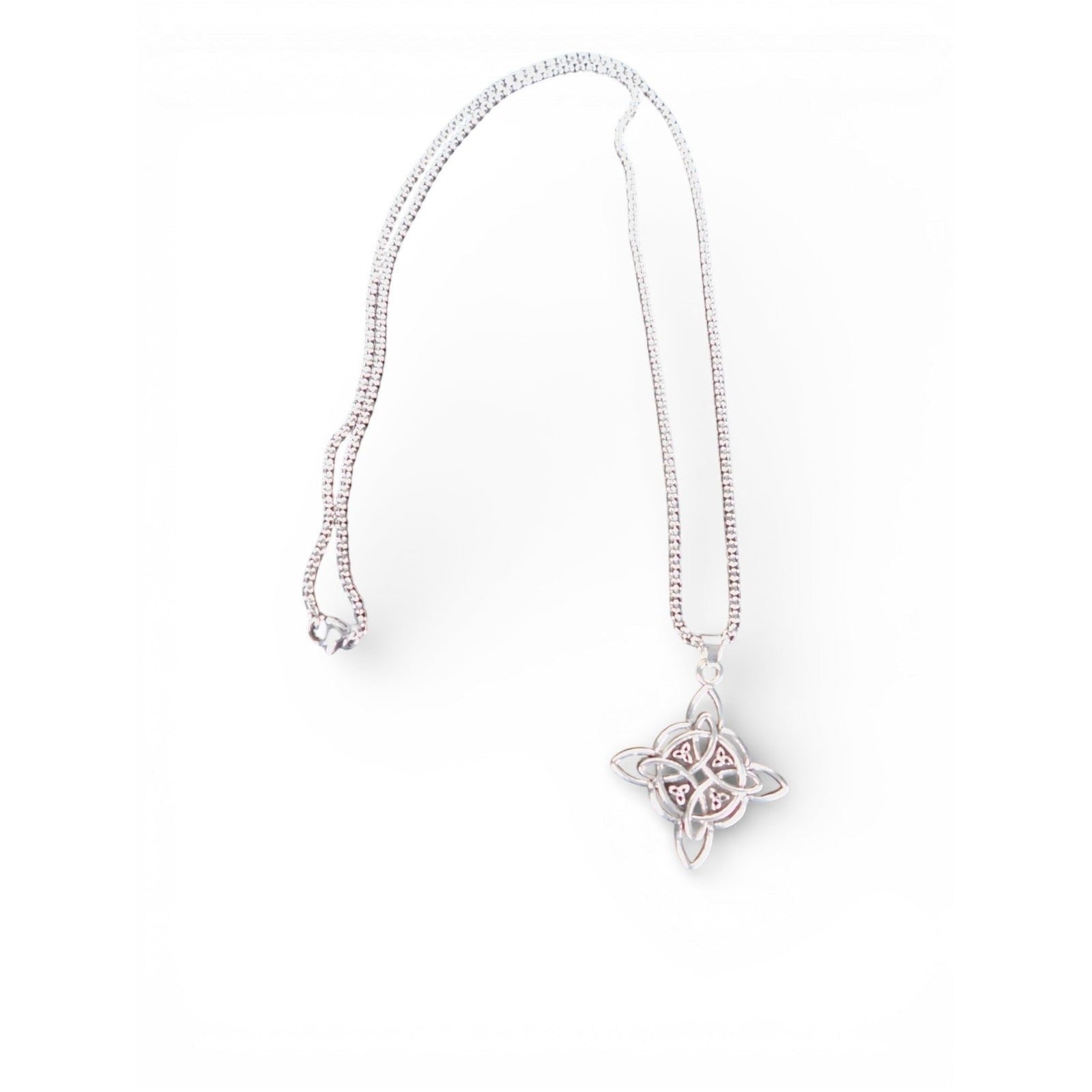 The Witches' Quest silver tone Celtic knot pendant necklace with openwork triquetra design on a delicate box chain