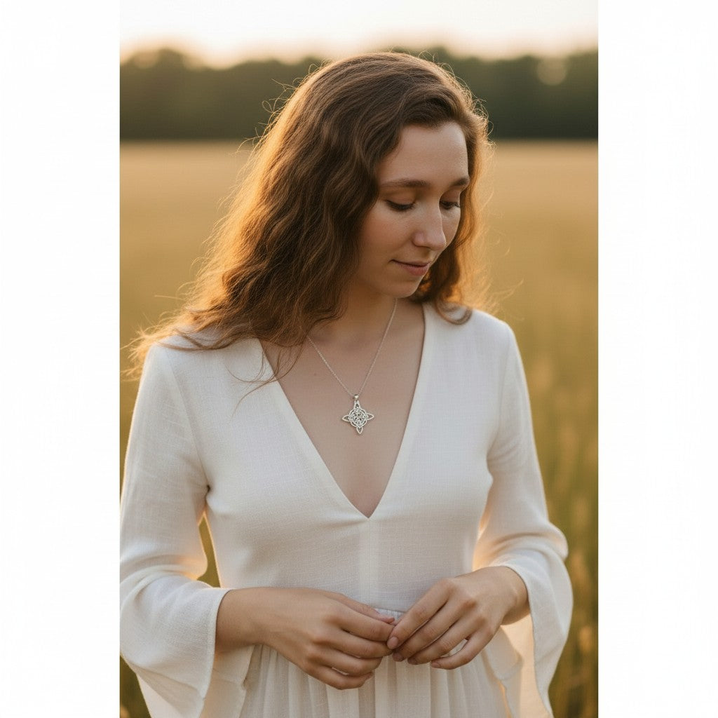 The Witches' Quest silver tone Celtic knot pendant necklace worn by a woman in a white dress in a field at sunset.