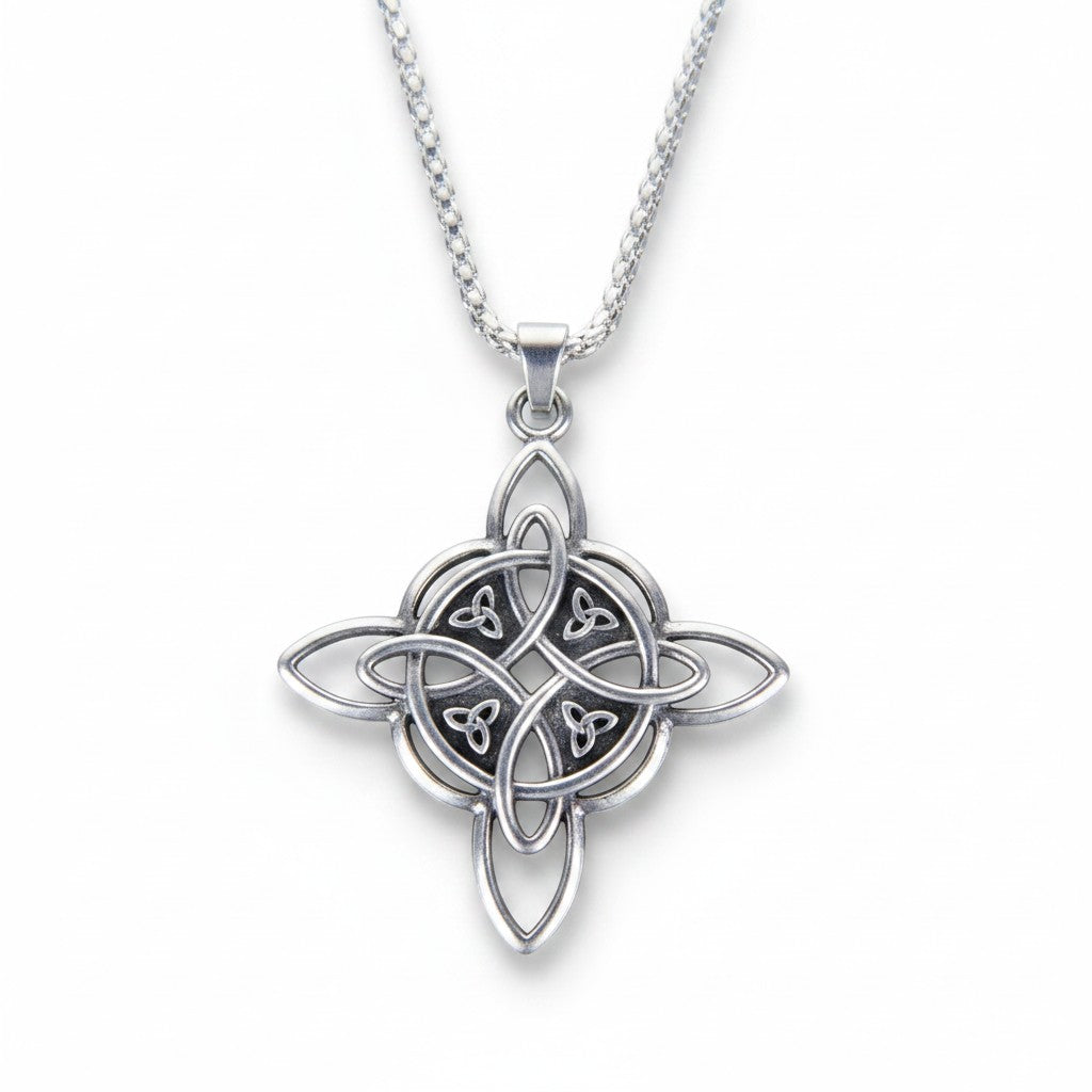 The Witches' Quest silver-tone Celtic knot pendant necklace with openwork interlacing lines on a delicate box chain