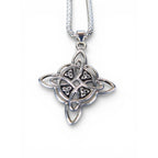 The Witches' Quest silver tone Celtic knot pendant necklace with openwork interlacing lines on a box chain.