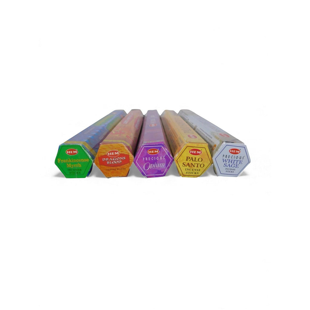 The Witches' Quest ceremonial incense pack featuring five hexagonal tubes of HEM incense sticks for ritual use.