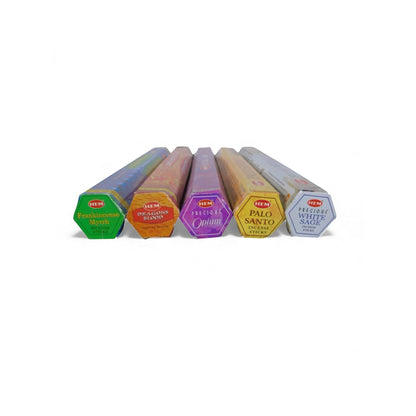 The Witches' Quest ceremonial incense pack featuring five hexagonal tubes of HEM incense sticks for ritual use.