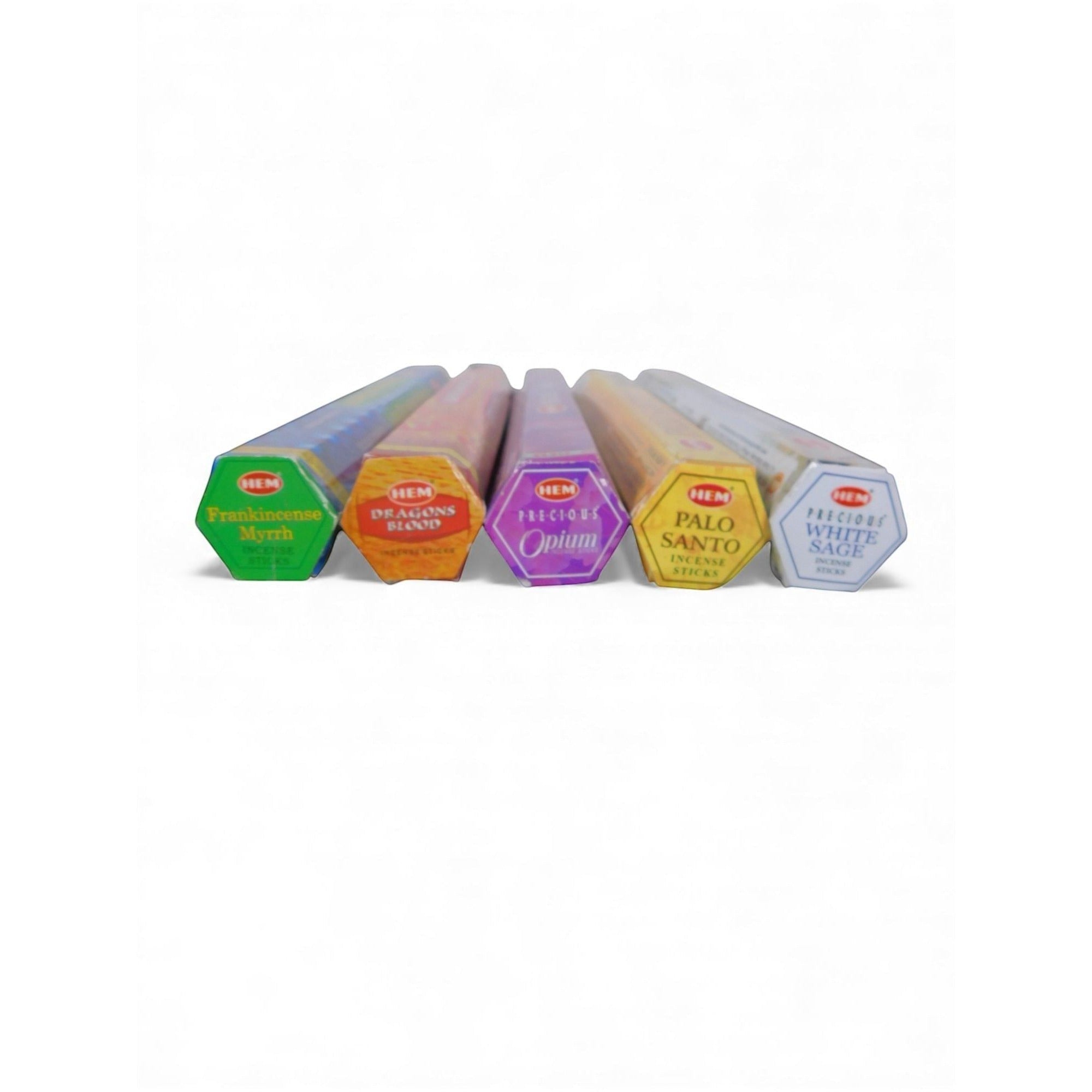 The Witches' Quest ceremonial incense pack featuring five hexagonal tubes of HEM incense for ritual and altar use.