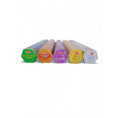 The Witches' Quest ceremonial incense pack featuring five hexagonal tubes of HEM incense for ritual and altar use.