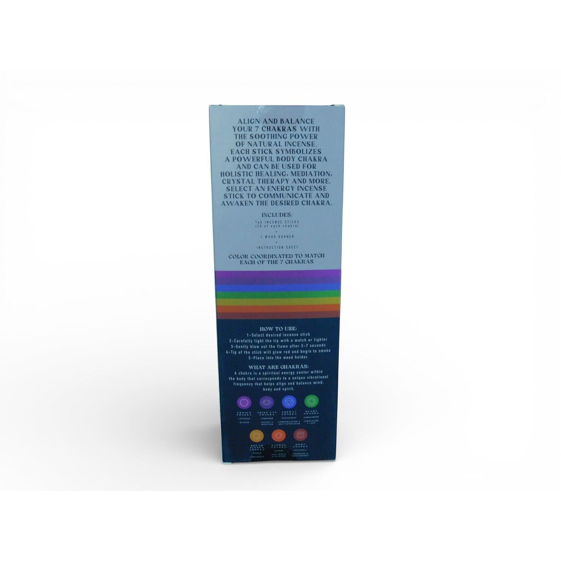 The Witches' Quest 7 Chakra incense set box featuring a rainbow design and detailed meditation instruction guide.