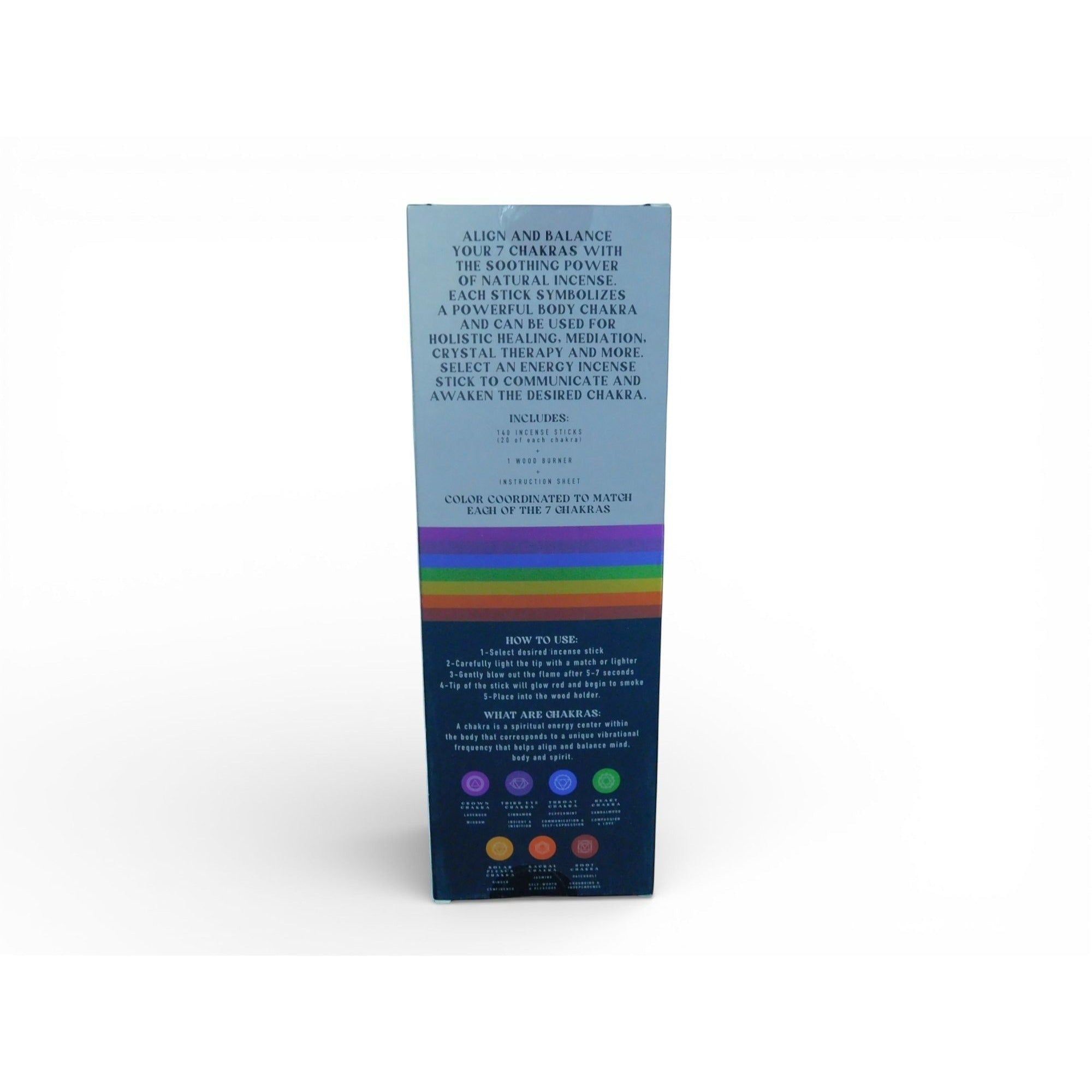 The Witches' Quest 7 Chakra incense set box featuring a rainbow design and detailed meditation instruction guide.