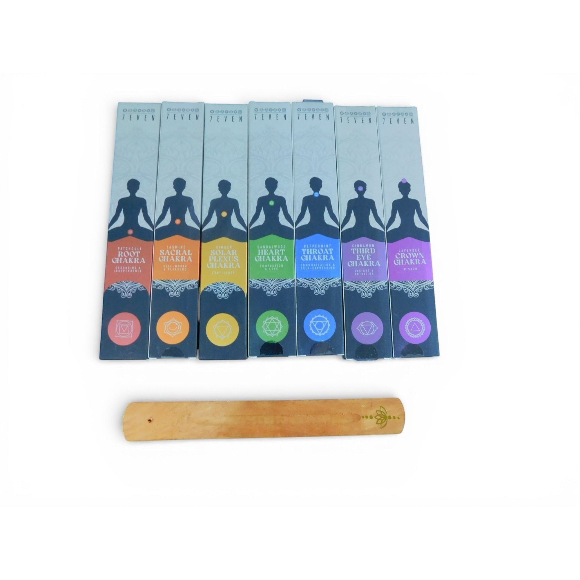 The Witches' Quest 7 chakra incense set with 140 sticks in color-coded boxes and a wooden incense burner.