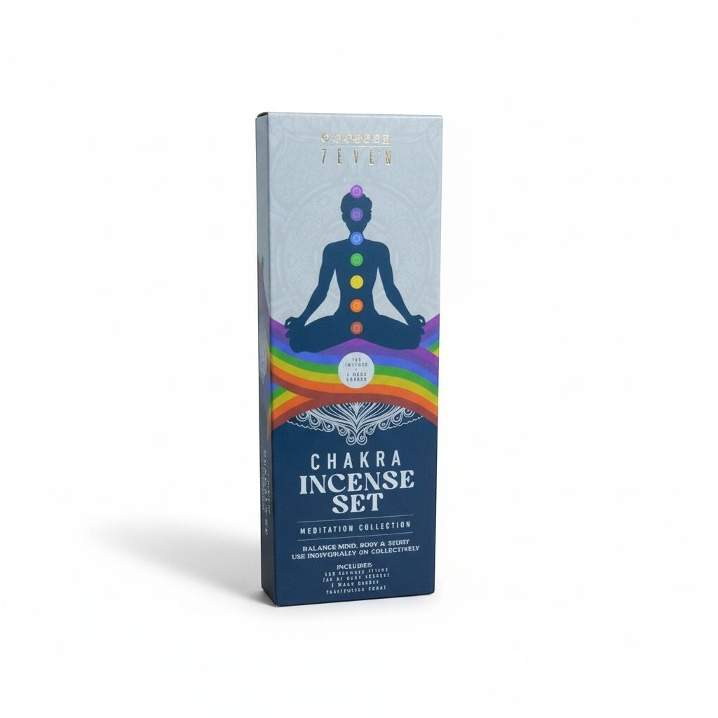 The Witches' Quest 7 Chakra incense set box with meditation figure and rainbow design for healing and relaxation.