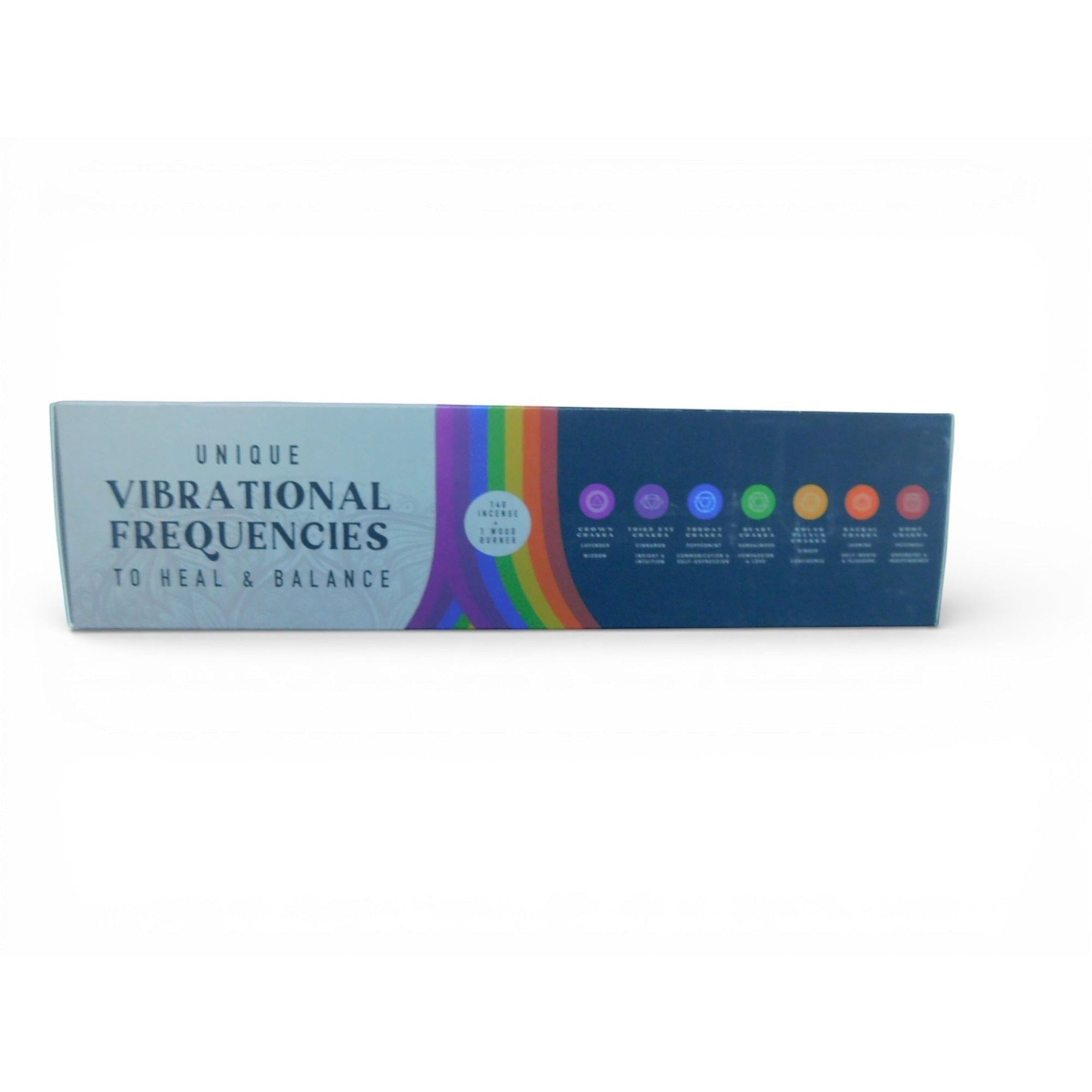 The Witches' Quest 7 Chakra incense set box featuring a rainbow spectrum and healing frequency labels for meditation.