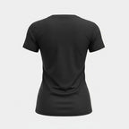 The Witches' Quest charcoal grey crew neck t-shirt viewed from the back, made of soft polyester fabric.