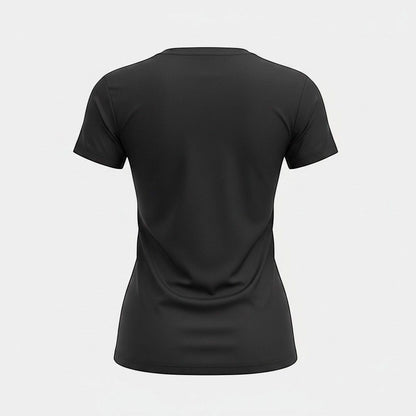 The Witches' Quest charcoal grey crew neck t-shirt viewed from the back, made of soft polyester fabric.