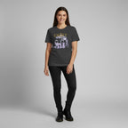 The Witches' Quest charcoal crew neck t-shirt with The Craft movie graphic print worn by a smiling woman
