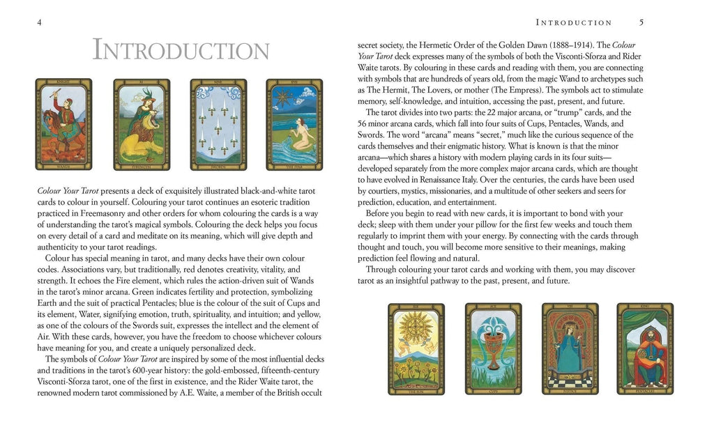 The Witches' Quest Color Your Tarot deck pages showing black-line illustrations of tarot cards for coloring