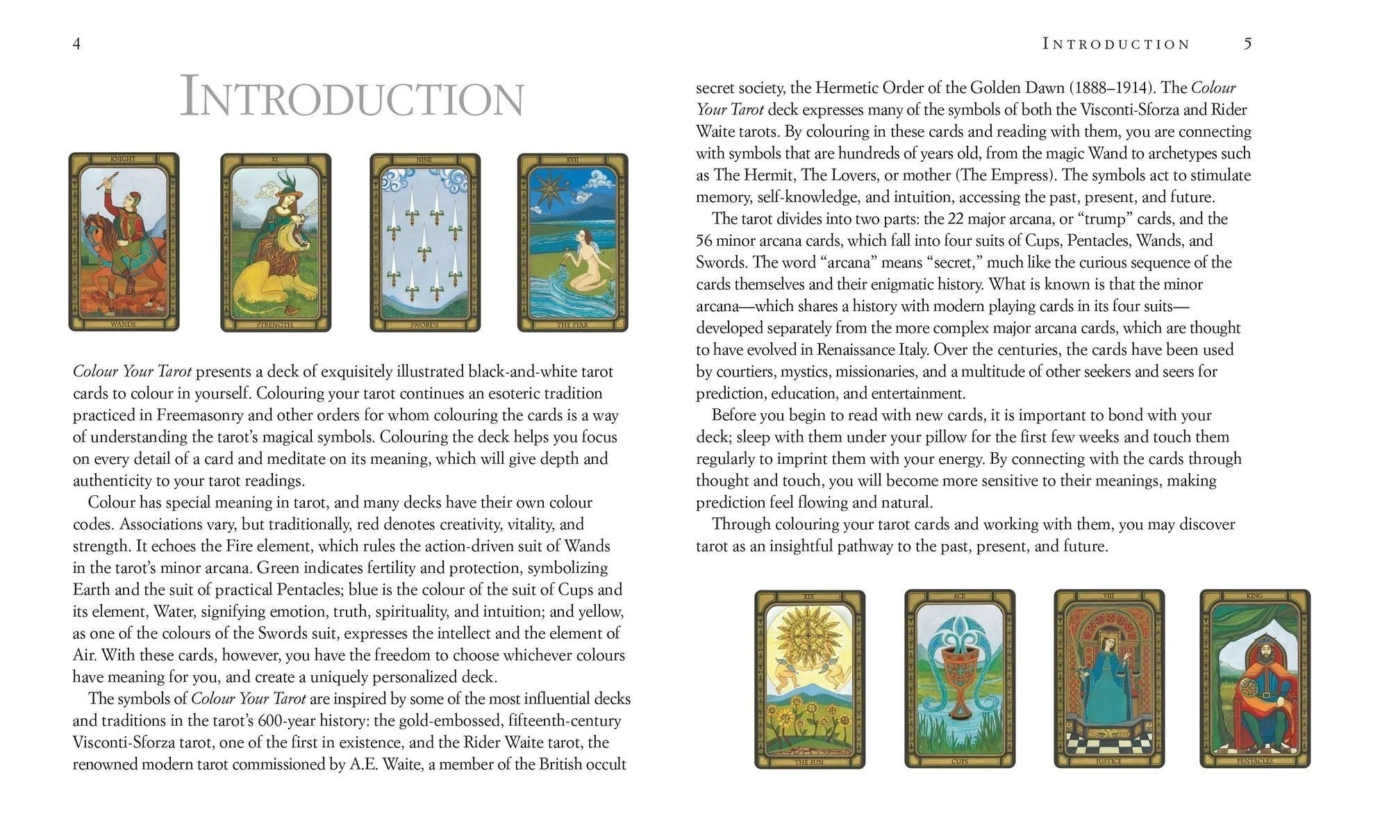 The Witches' Quest Color Your Tarot deck pages showing black-line illustrations of tarot cards for coloring