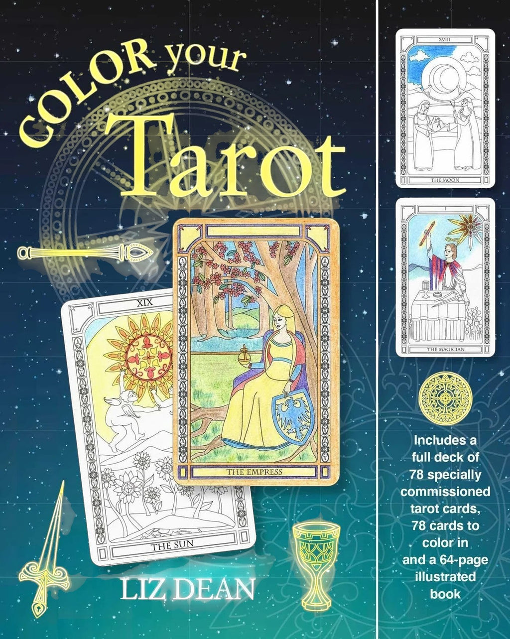 The Witches' Quest Color Your Tarot Deck and Guide Book set by Liz Dean featuring 78 black-line cards and a guide.