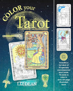 The Witches' Quest Color Your Tarot Deck and Guide Book set by Liz Dean featuring 78 black-line cards and a guide.