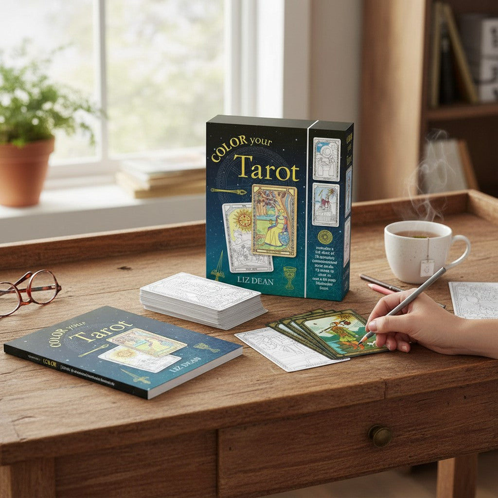 The Witches' Quest Color Your Tarot deck set with 78 coloring cards, guide book, and hand coloring a card on a desk.