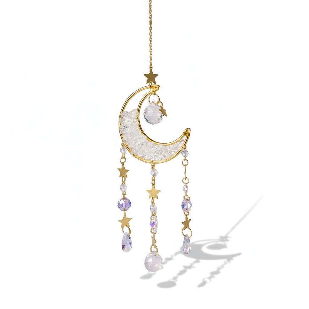 The Witches' Quest crescent moon sun catcher with clear crystal beads, gold stars, and hanging teardrop crystals.