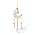 The Witches' Quest crescent moon sun catcher with clear crystal beads, gold stars, and hanging teardrop crystals.