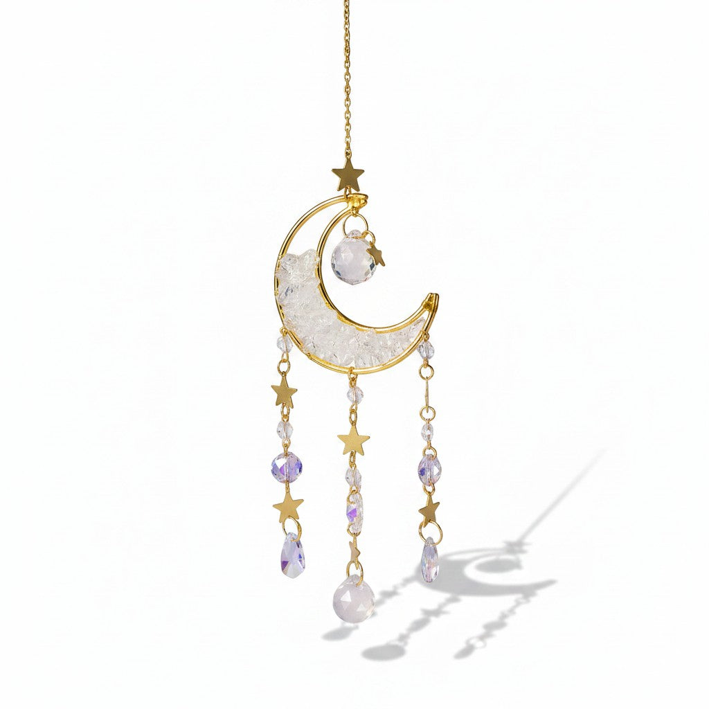 The Witches' Quest crescent moon sun catcher with clear crystal beads, gold stars, and hanging teardrop crystals.