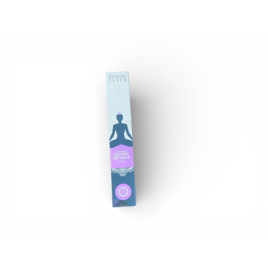 The Witches' Quest Crown Chakra incense box in light blue and purple with a meditation silhouette design.