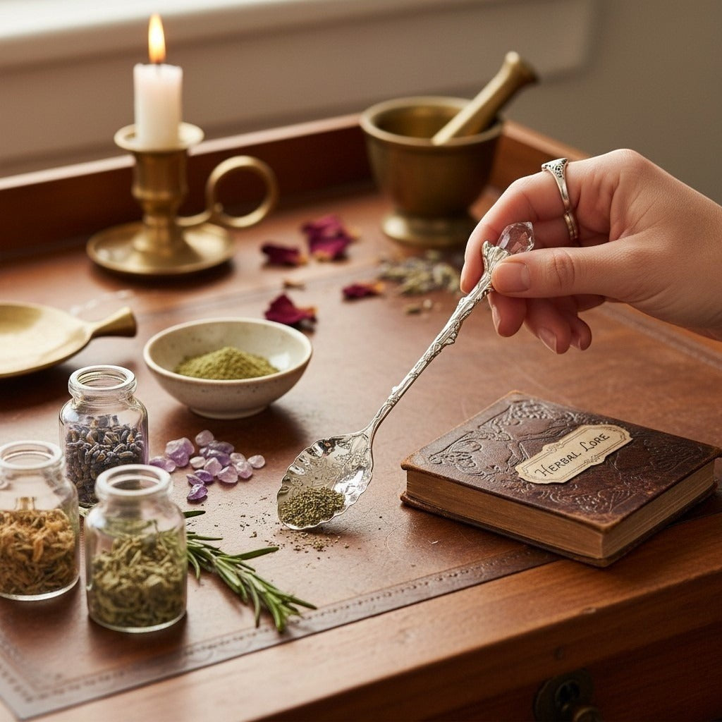 The Witches' Quest silver alloy teaspoon with a crystal handle and leaf-shaped bowl held over a ritual altar setup.