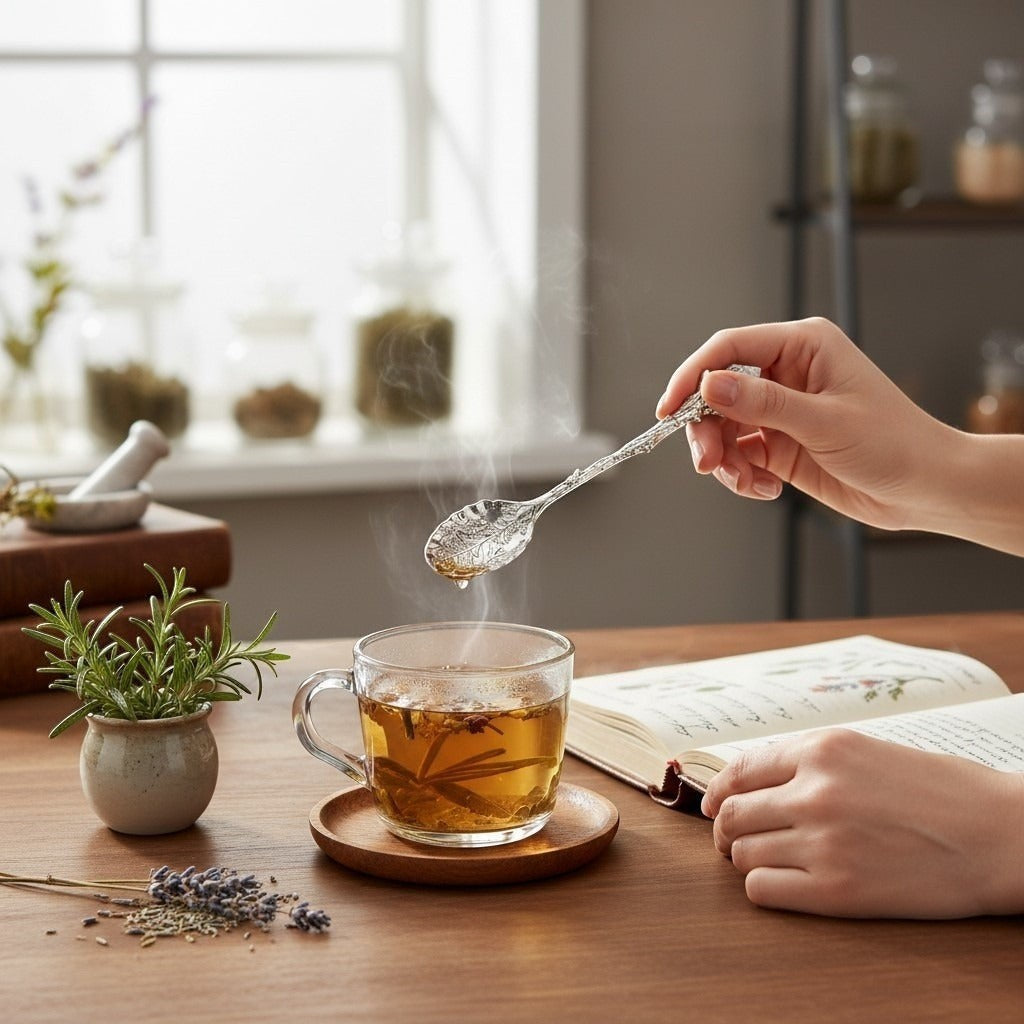 The Witches' Quest silver alloy teaspoon with leaf bowl and crystal handle held over a steaming cup of herbal tea.