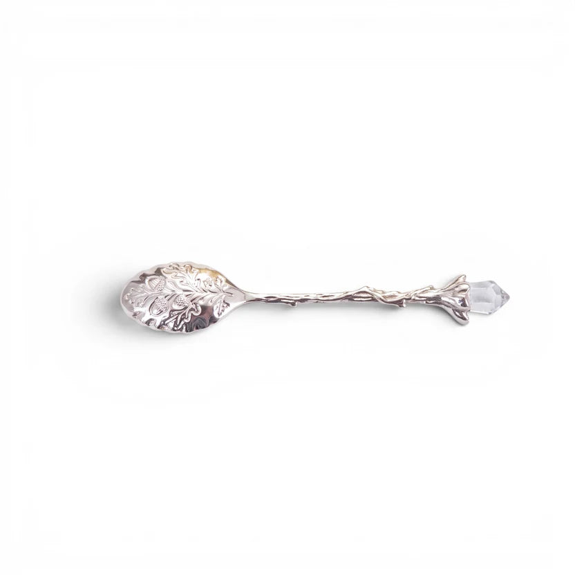 Crystal-Effect Handle Teaspoon, Ornate Leaf Bowl | Silver Alloy