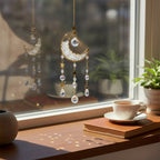 The Witches' Quest crescent moon sun catcher with clear crystal beads, gold stars, and teardrop crystals on a window.