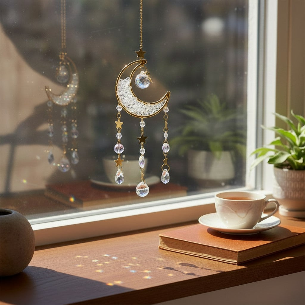 The Witches' Quest crescent moon sun catcher with clear crystal beads, gold stars, and teardrop crystals on a window.