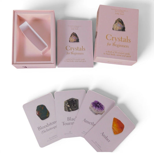 The Witches' Quest Crystals for Beginners deck of 50 instructional cards with a pink storage box and crystal images.
