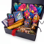 The Witches' Quest Day of the Dead altar box featuring a rainbow Santa Muerte statue, oracle deck, and skull decanter.