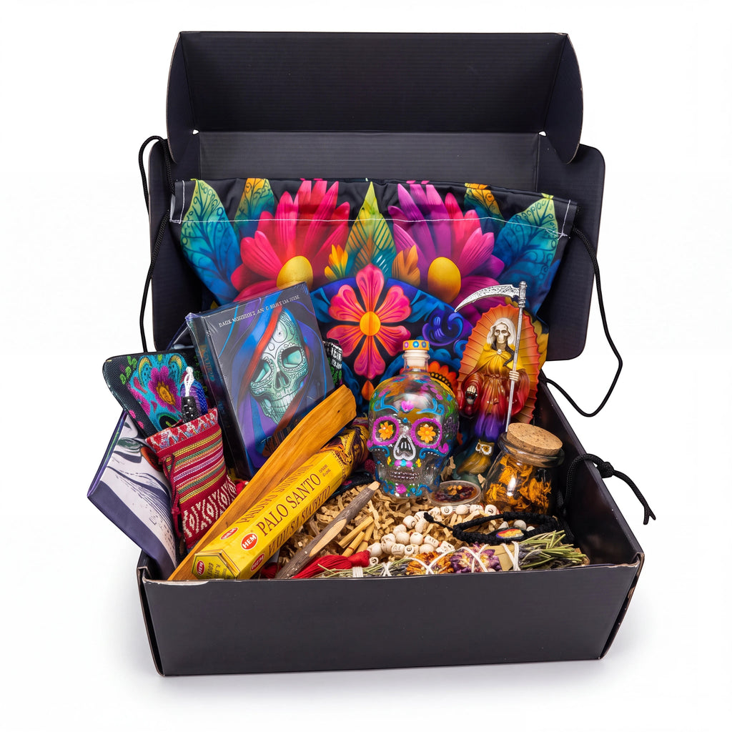 The Witches' Quest Day of the Dead altar box featuring a rainbow Santa Muerte statue, oracle deck, and skull decanter.