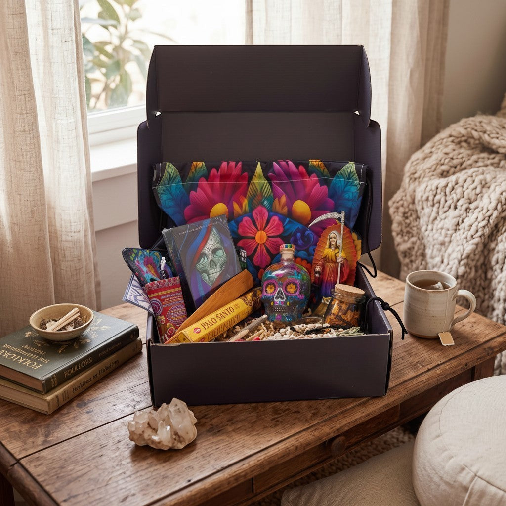 The Witches' Quest Día de los Muertos altar box featuring a rainbow Santa Muerte statue, oracle deck, and skull decor.