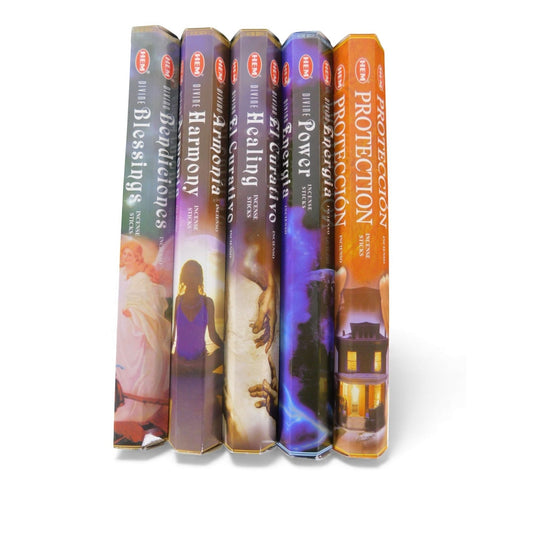 The Witches' Quest Divine Healing incense pack featuring five hexagonal tubes of sacred scents for ritual and energy work.