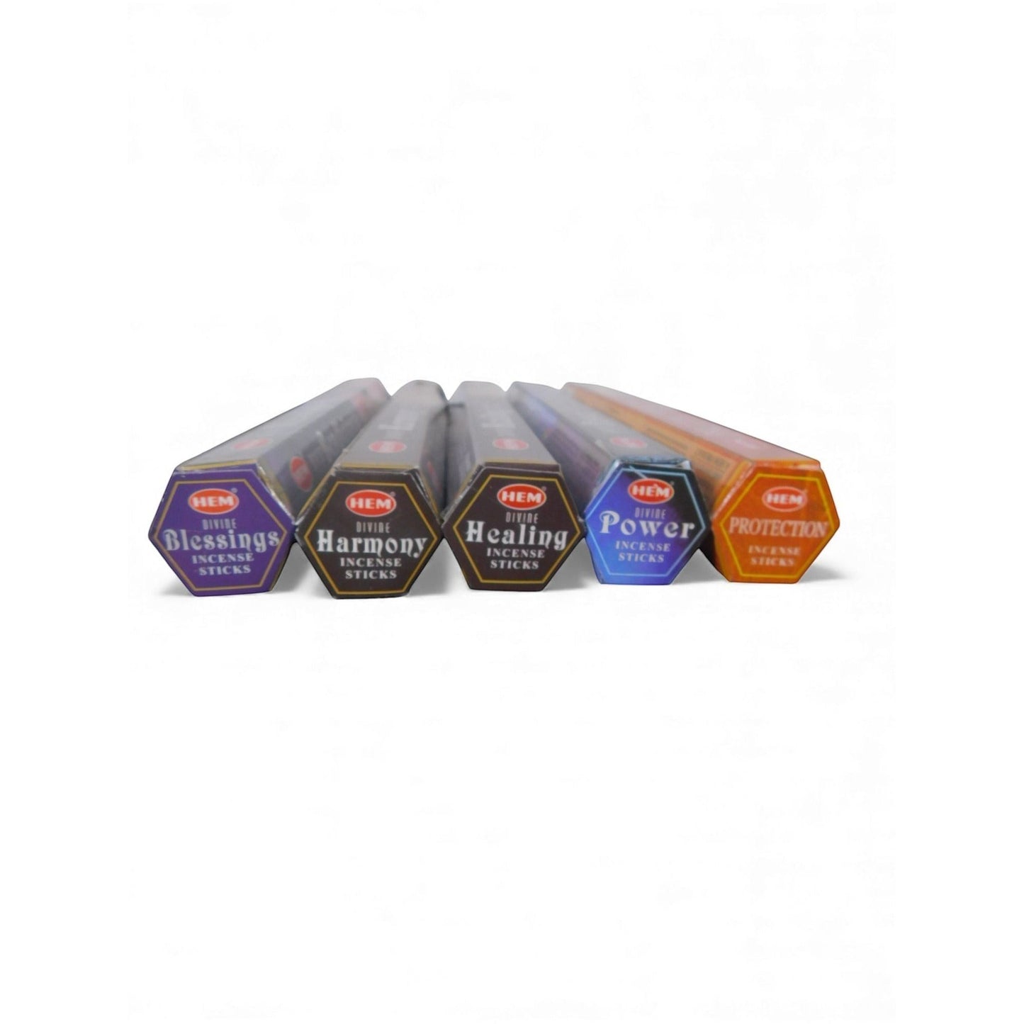 The Witches' Quest Divine Healing incense pack featuring five hexagonal tubes of sacred scents for ritual use.