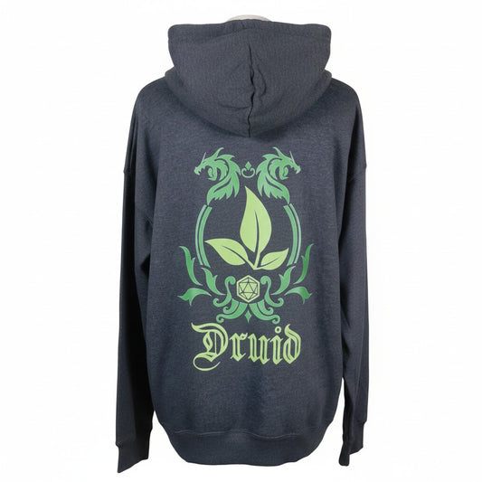 The Witches' Quest charcoal gray hoodie with a green dragon and d20 Druid graphic on the back.