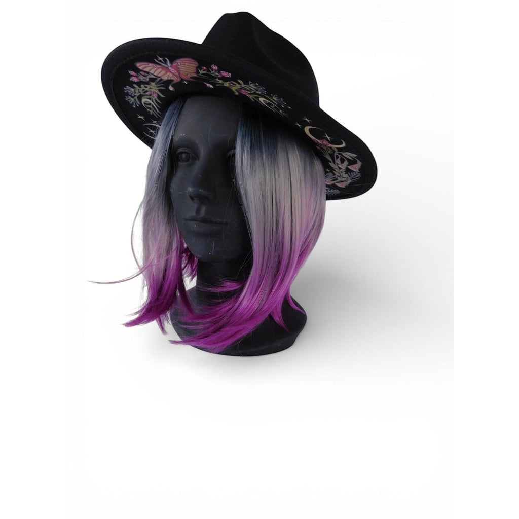 The Witches' Quest black wide brim fedora with colorful butterfly and floral embroidery on a mannequin head