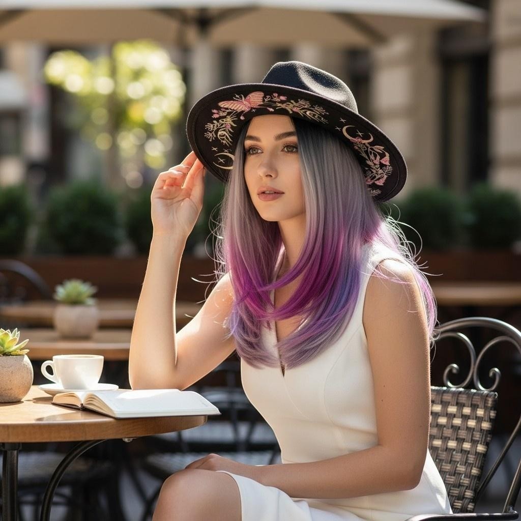 The Witches' Quest black wide brim fedora with colorful floral, moon, and butterfly embroidery worn by a woman